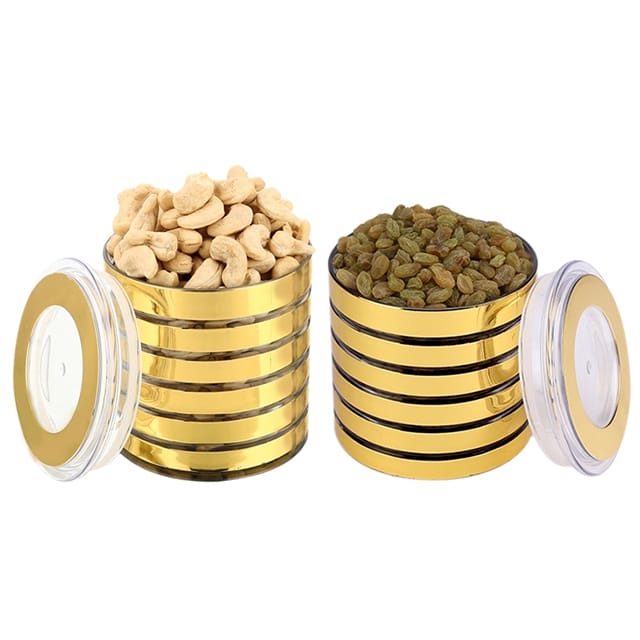 Ghasitaram Diwali Special Cashewnuts & Raisins Golden Round Combo Jar with Free Silver Plated Coin