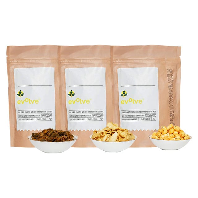 Evolve Snacks Tangy Spicy Okra Chips, Barley Millet Chips & Cheese Foxnuts Combo Pack