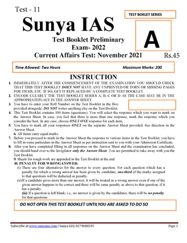 (Set) Sunya IAS PT Test Series 2022 - Test 11 to 15 - [B/W PRINTOUT]
