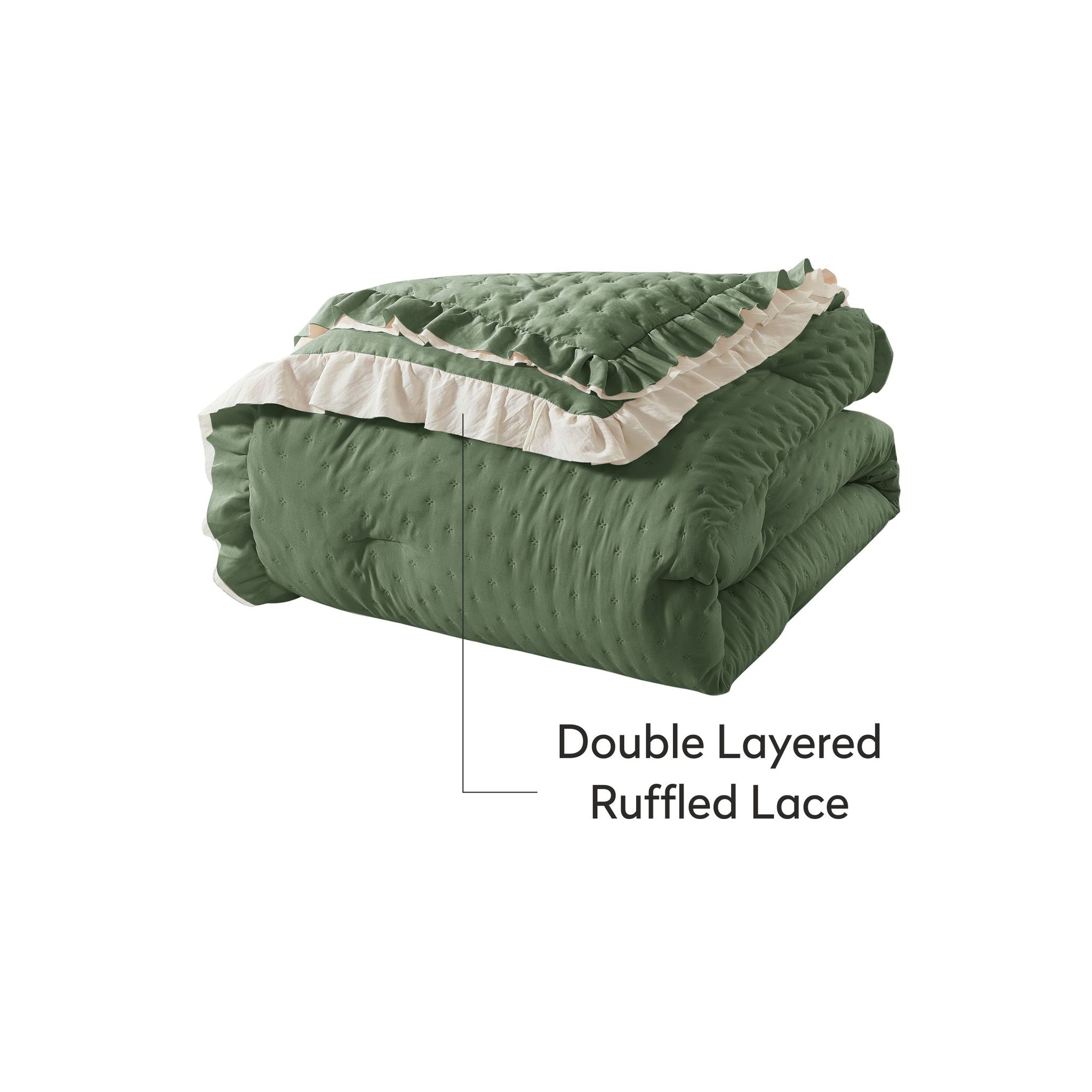 Ruffled Lace Ultrasonic Embroidered Comforter Set 6-Piece King Green