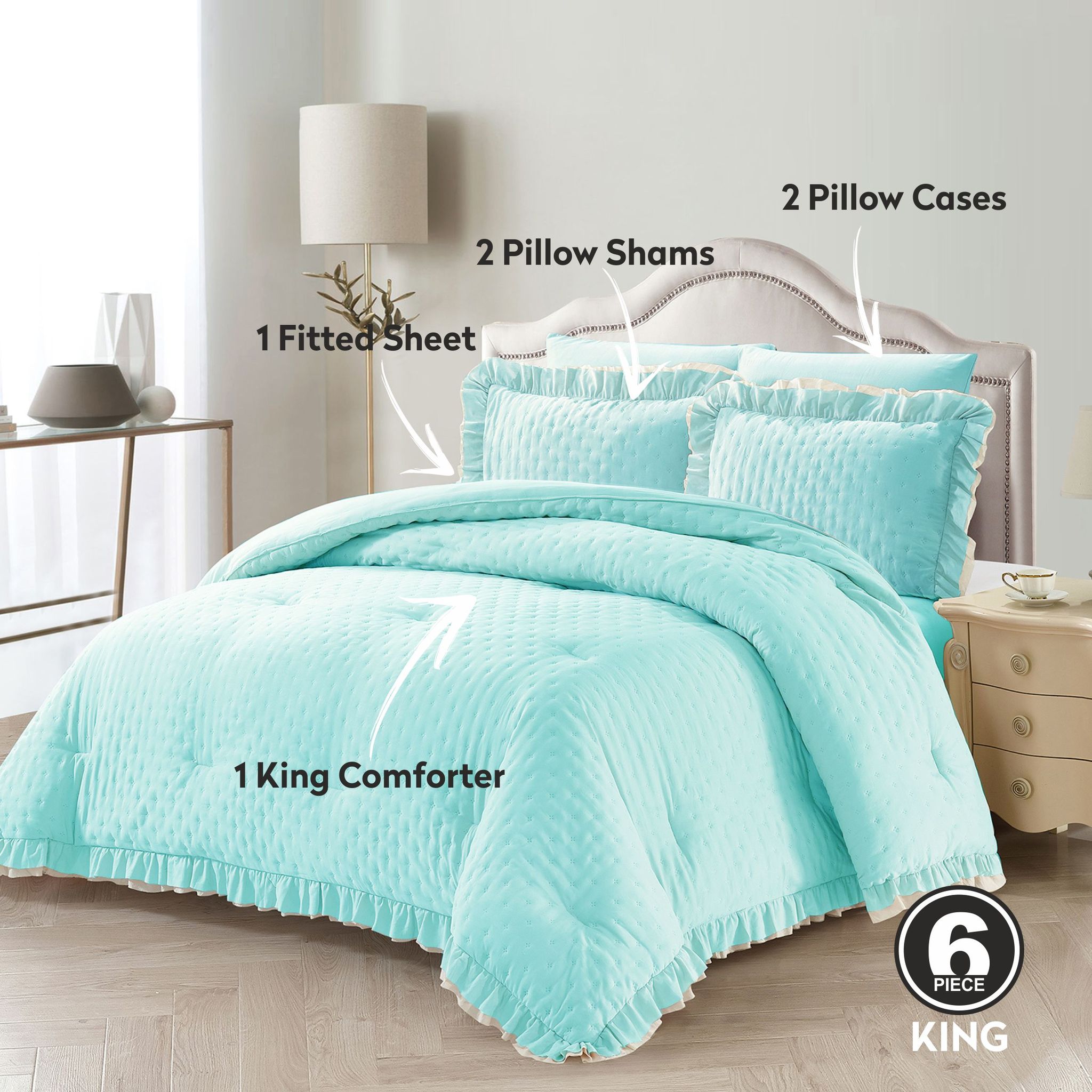 Ruffled Lace Ultrasonic Embroidered Comforter Set 6-Piece King Baby Blue