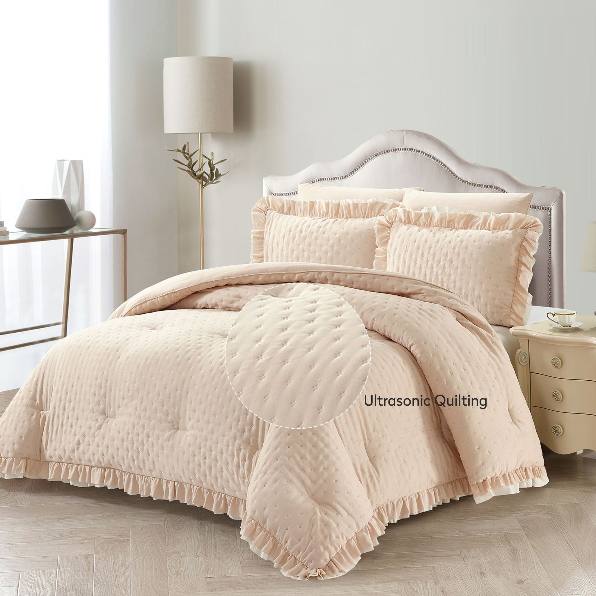 Ruffled Lace Ultrasonic Embroidered Comforter Set 4-Piece Twin Beige