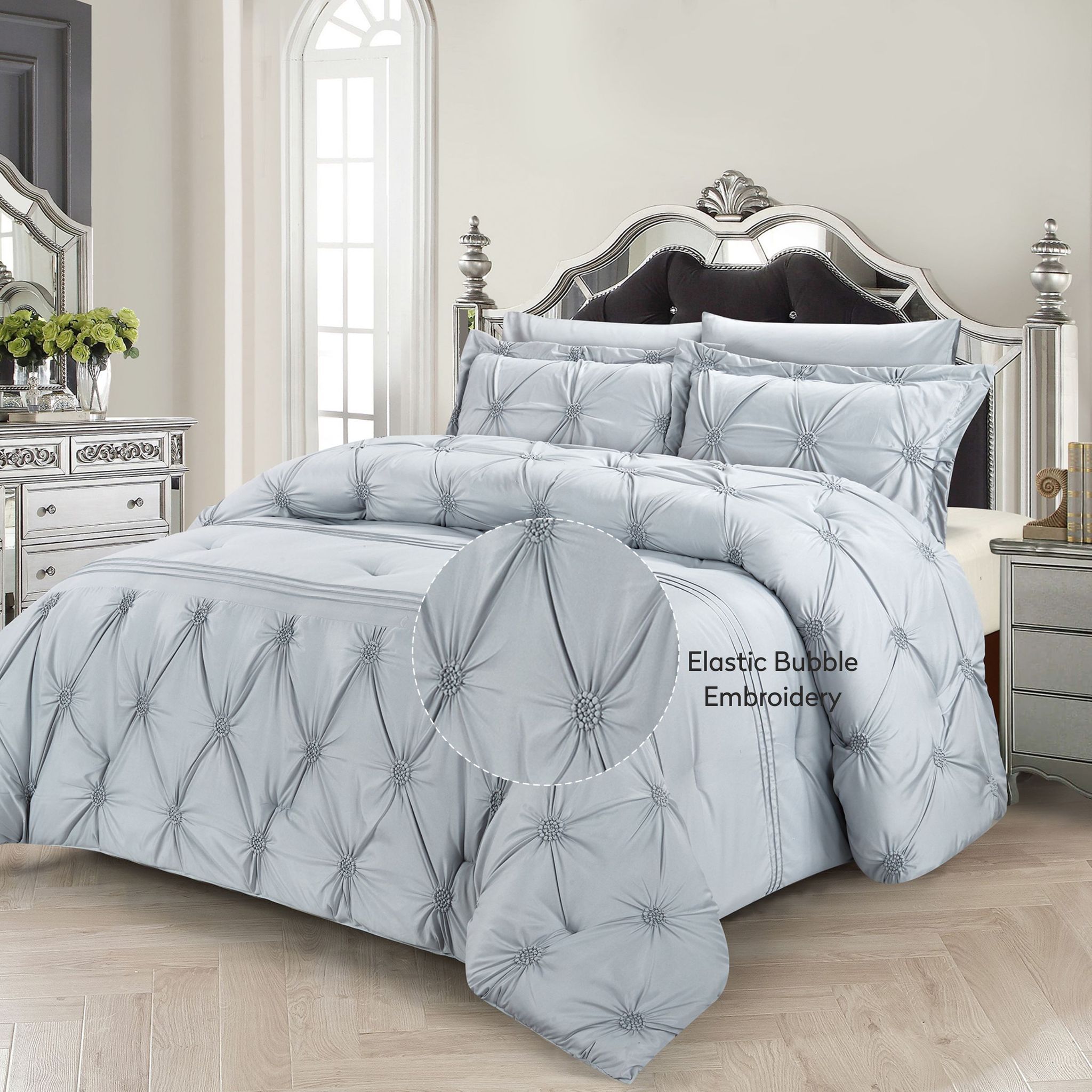 Bubble Embroidered Comforter Set 4-Piece Twin Silver Grey
