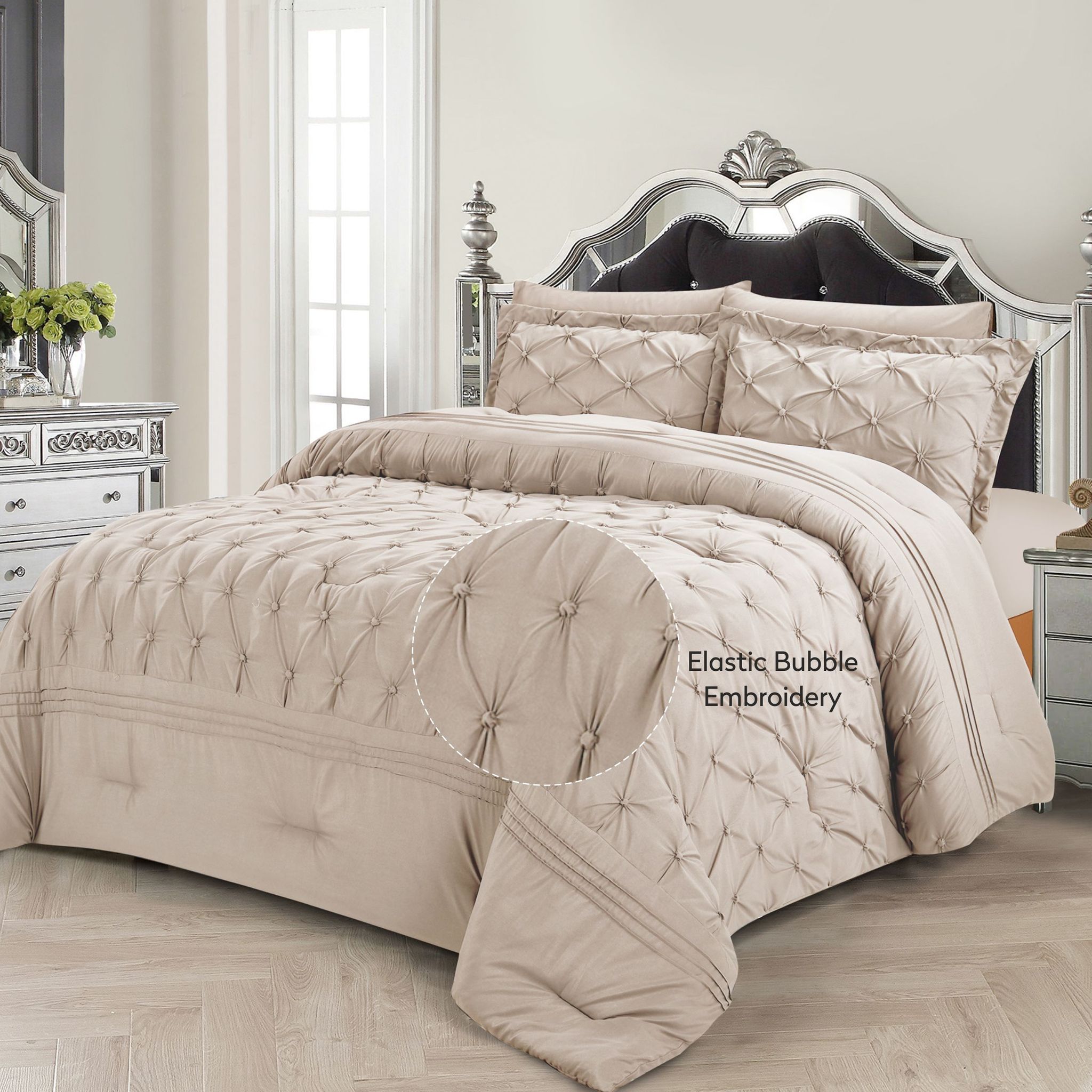 Bubble Embroidered Comforter Set 4-Piece Twin Beige