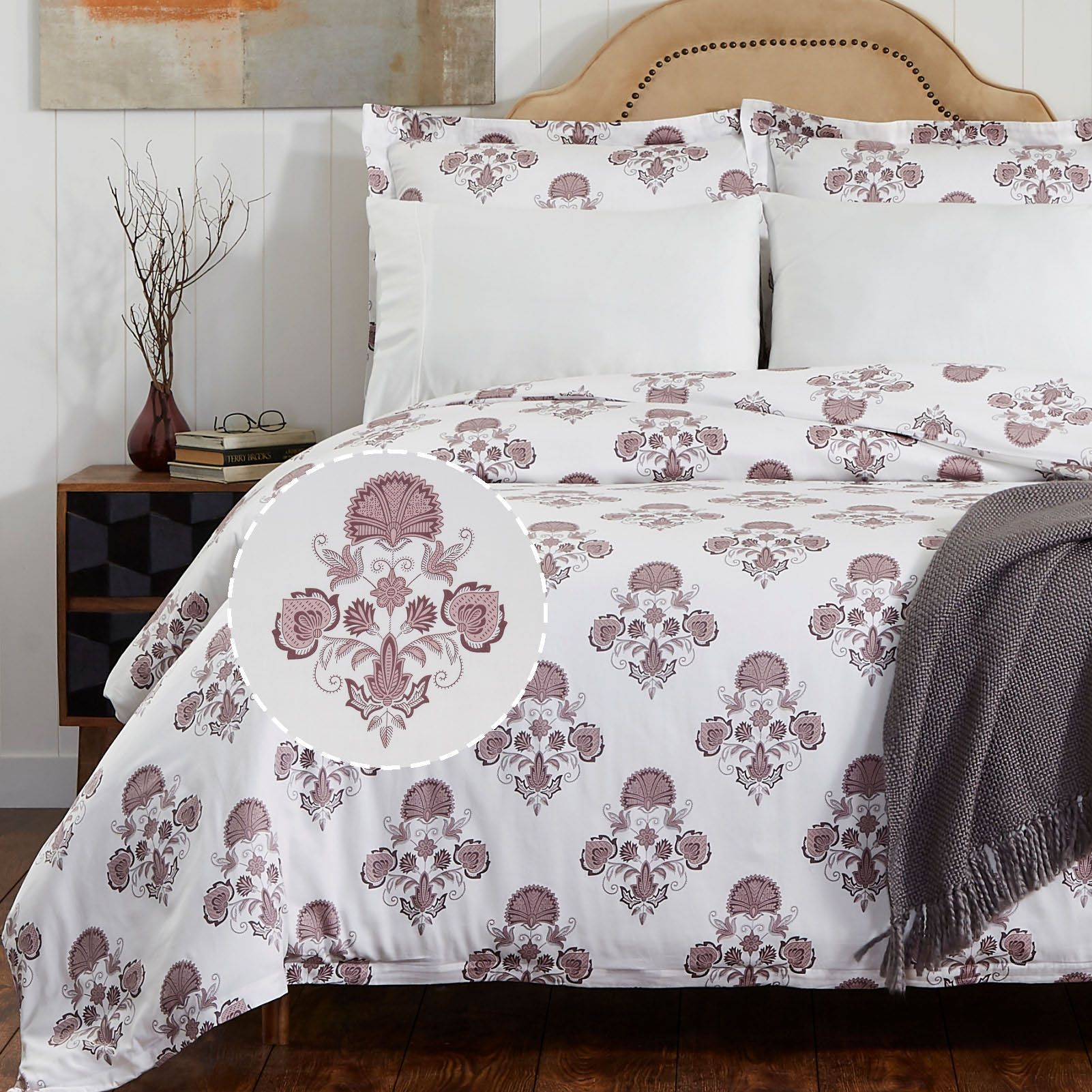 Damask Print Cotton Comforter Set 5-Piece Twin White