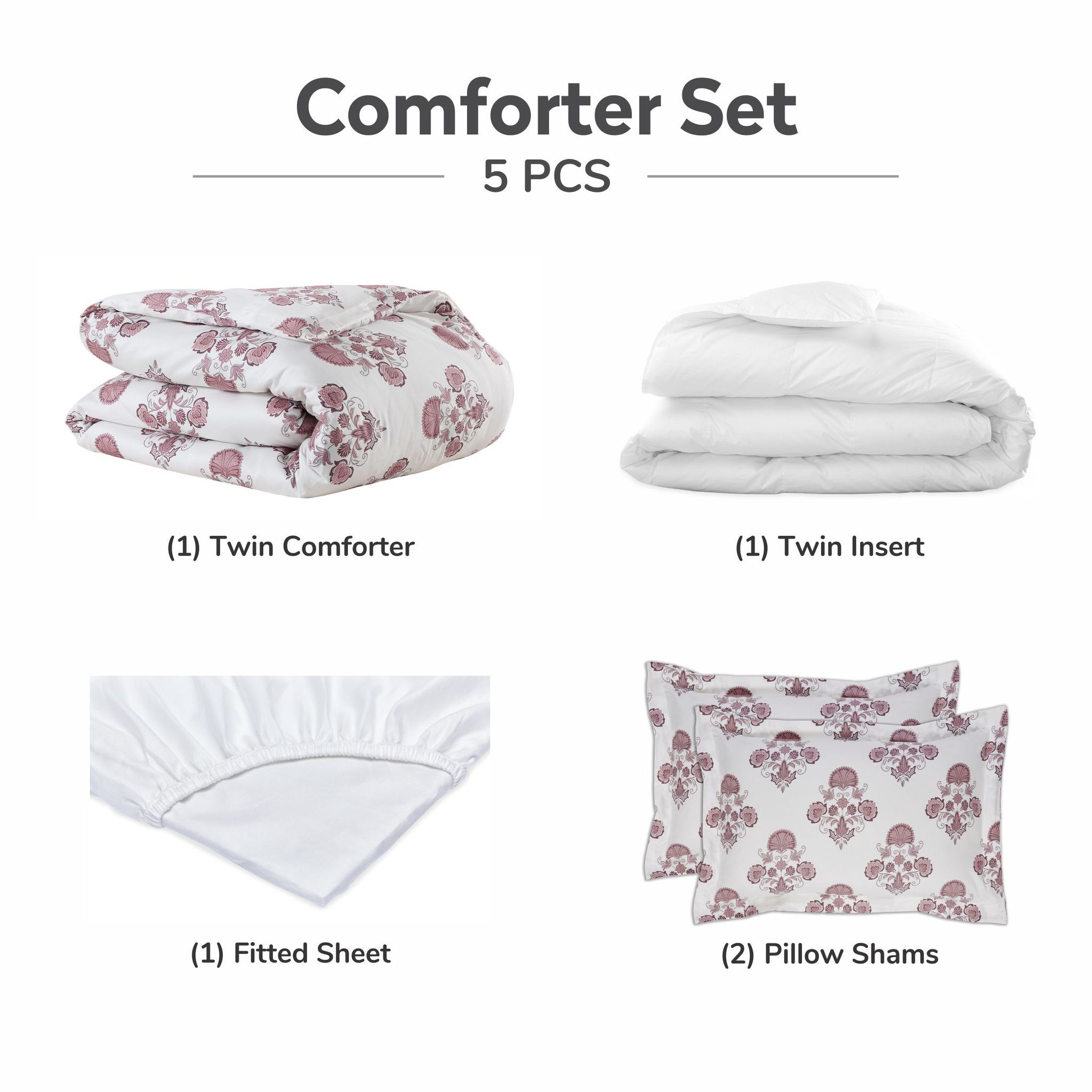 Damask Print Cotton Comforter Set 5-Piece Twin White