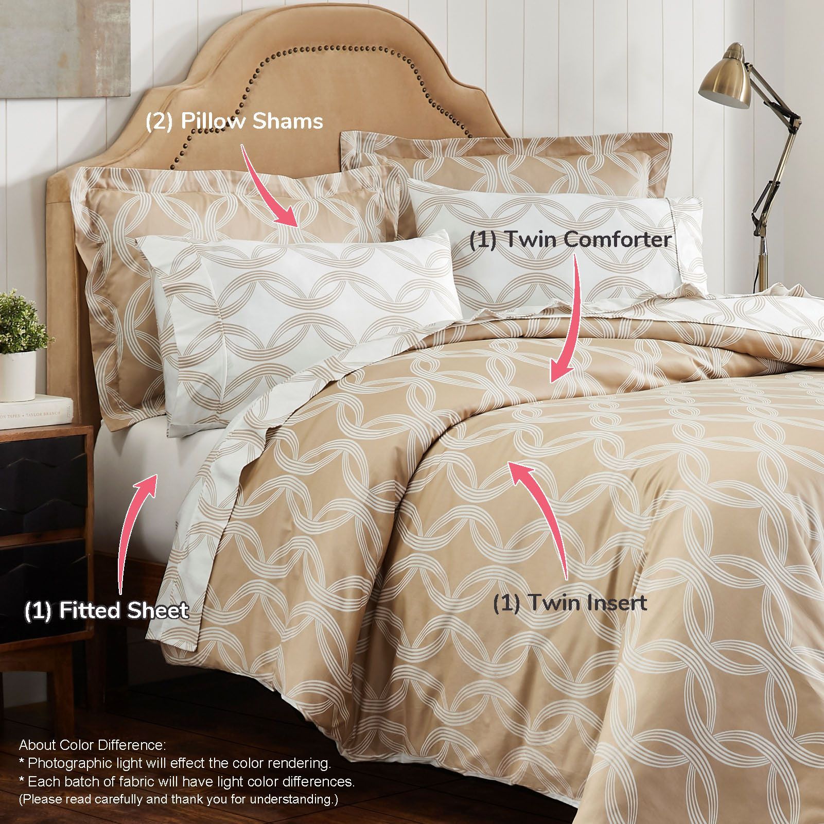 Geometric Art Pattern Cotton Comforter Set 5-Piece Twin Beige