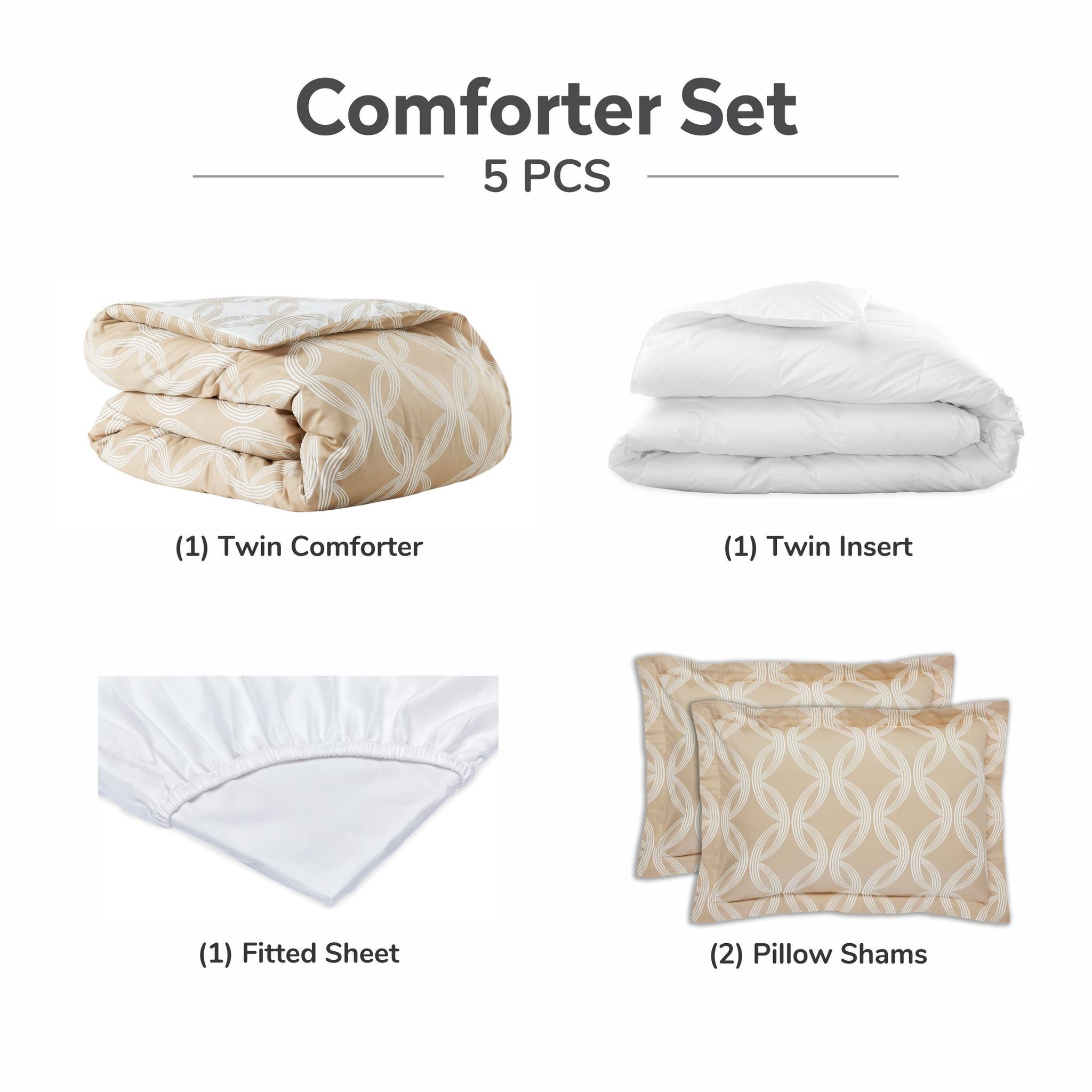Geometric Art Pattern Cotton Comforter Set 5-Piece Twin Beige