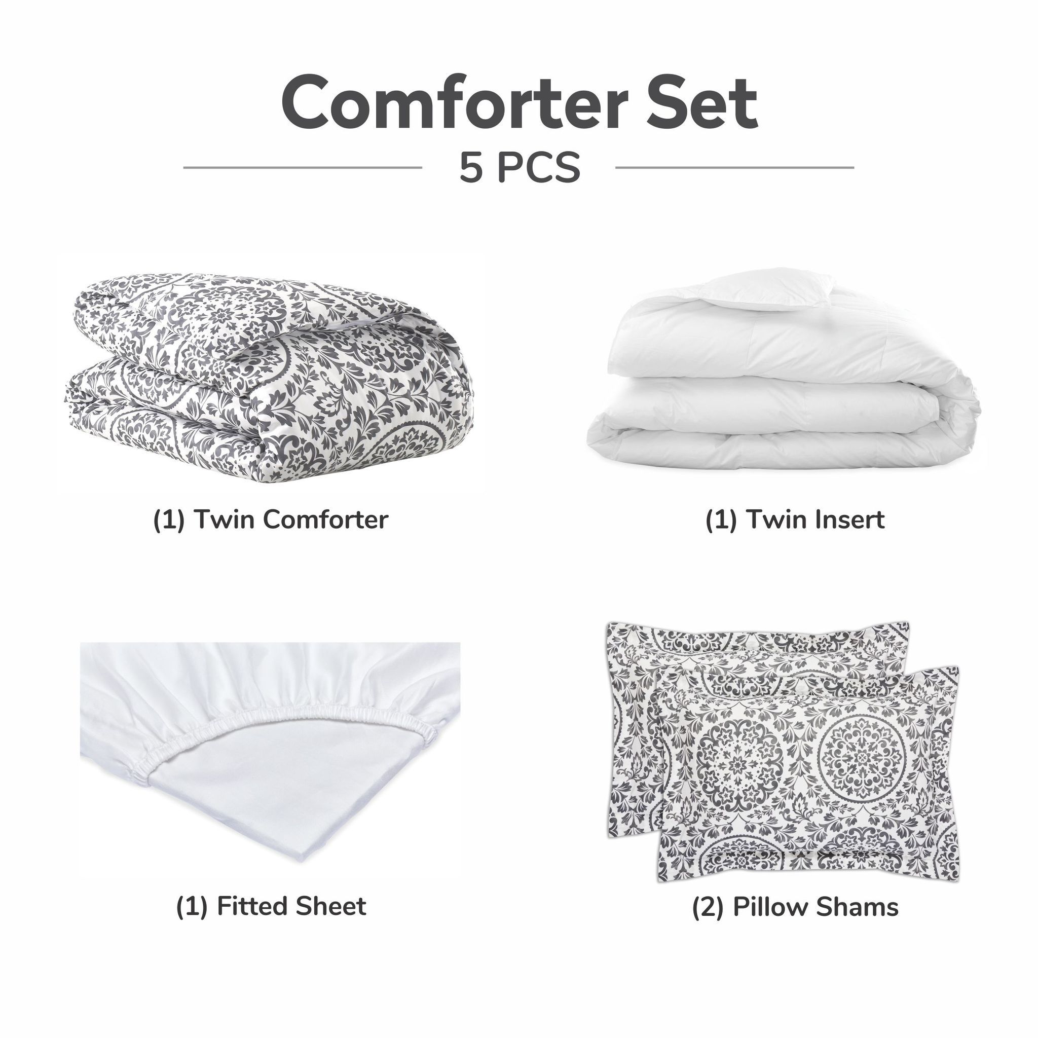 Mandala Print Cotton Comforter Set 5-Piece Twin White/Black