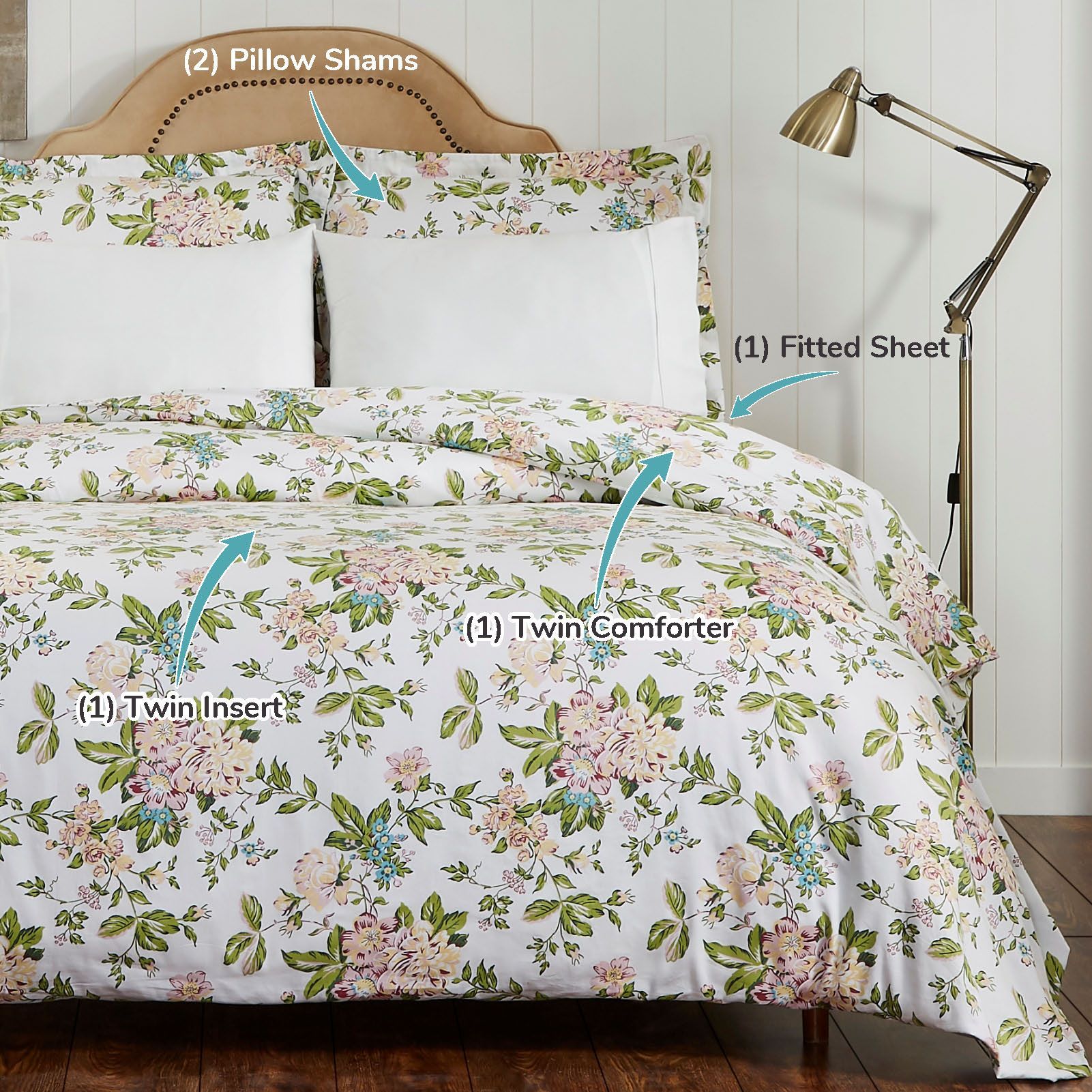 Vibrant Floral Print Cotton Comforter Set 5-Piece Twin White
