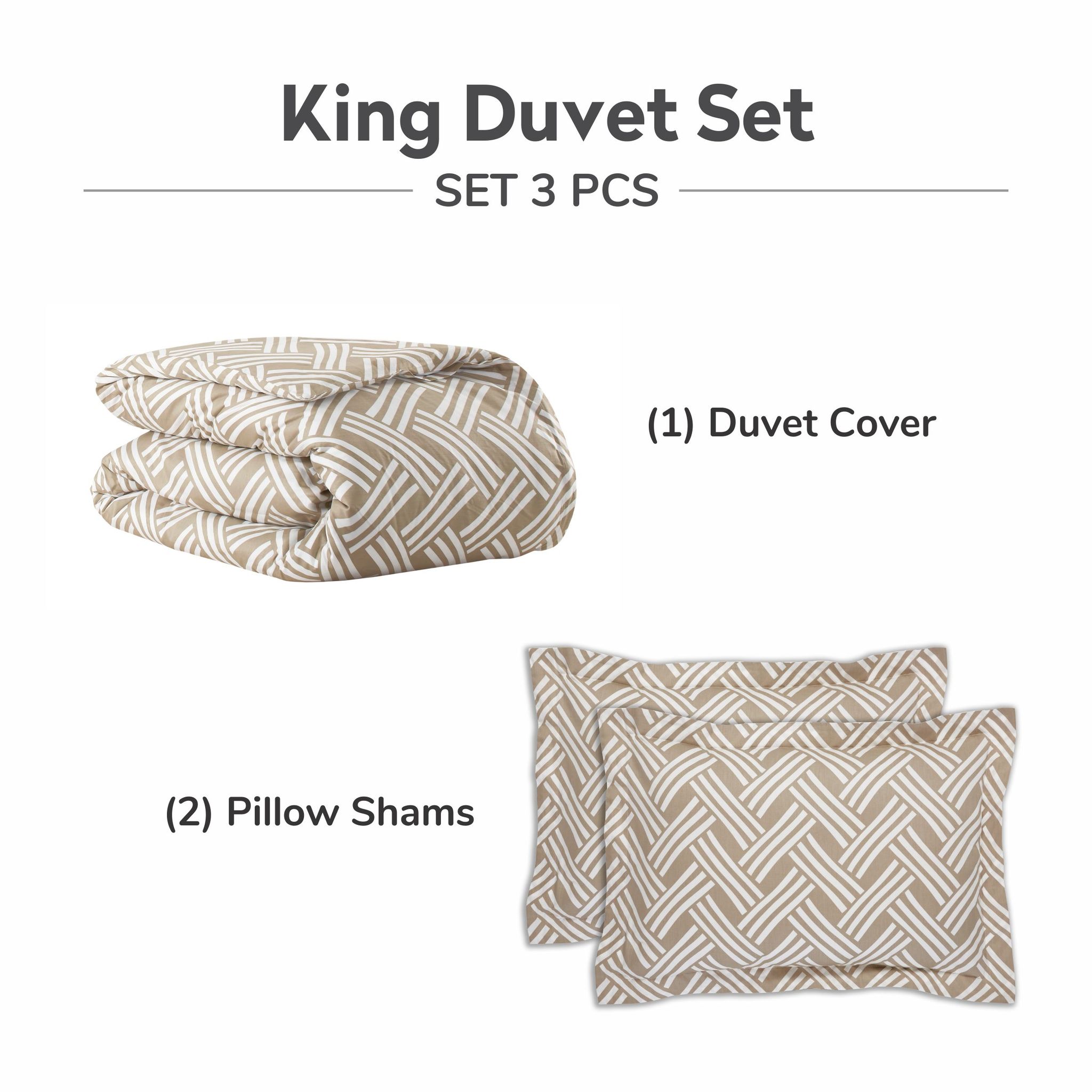 300 Thread Count 100% Natural Cotton Printed Duvet Set 3-Piece King Beige