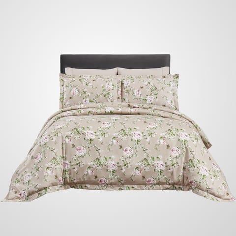 Dazzling Floral Print Cotton Comforter Set 7-Piece King Beige
