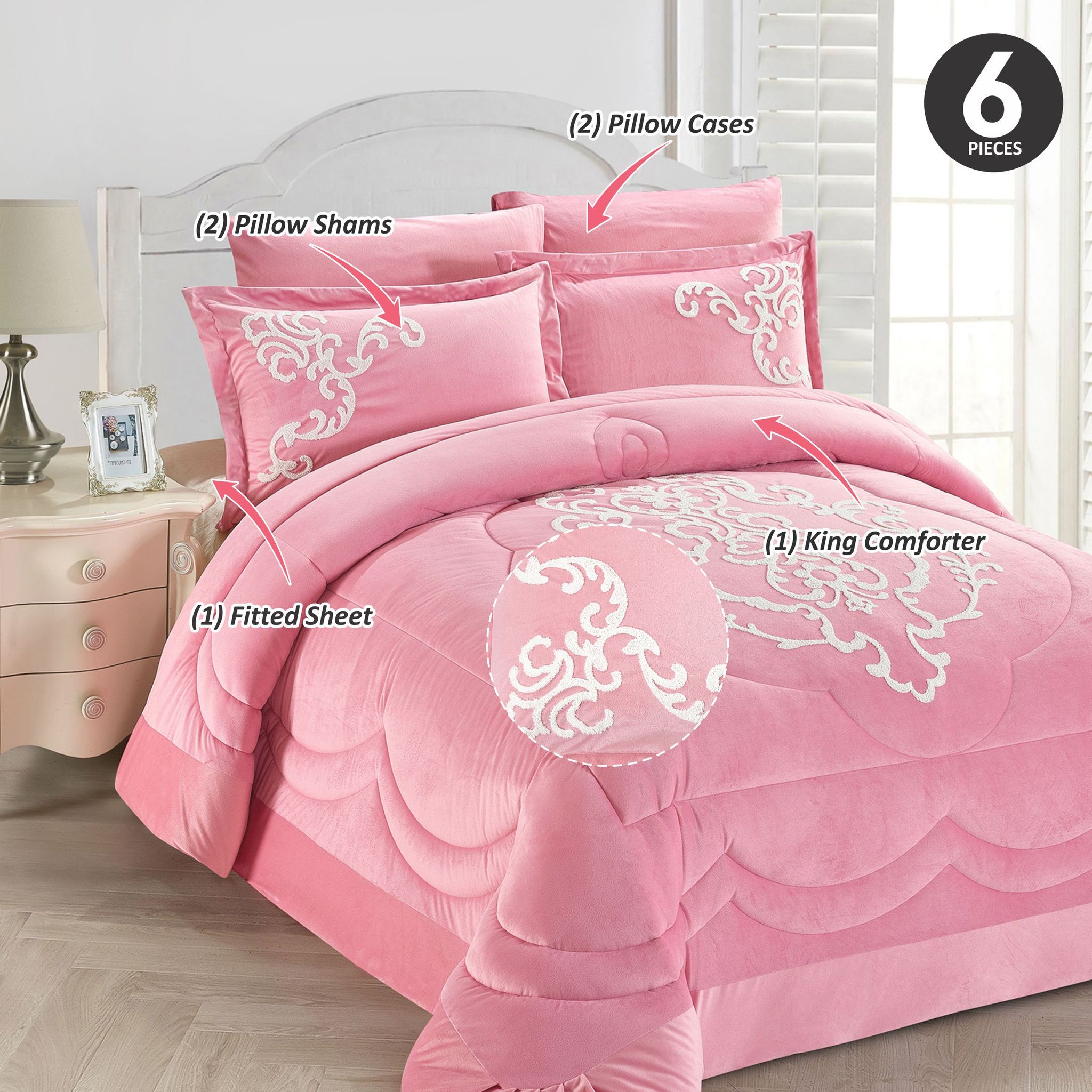 3D Damask Embroidered Comforter Set 6-Piece King Daisy Pink