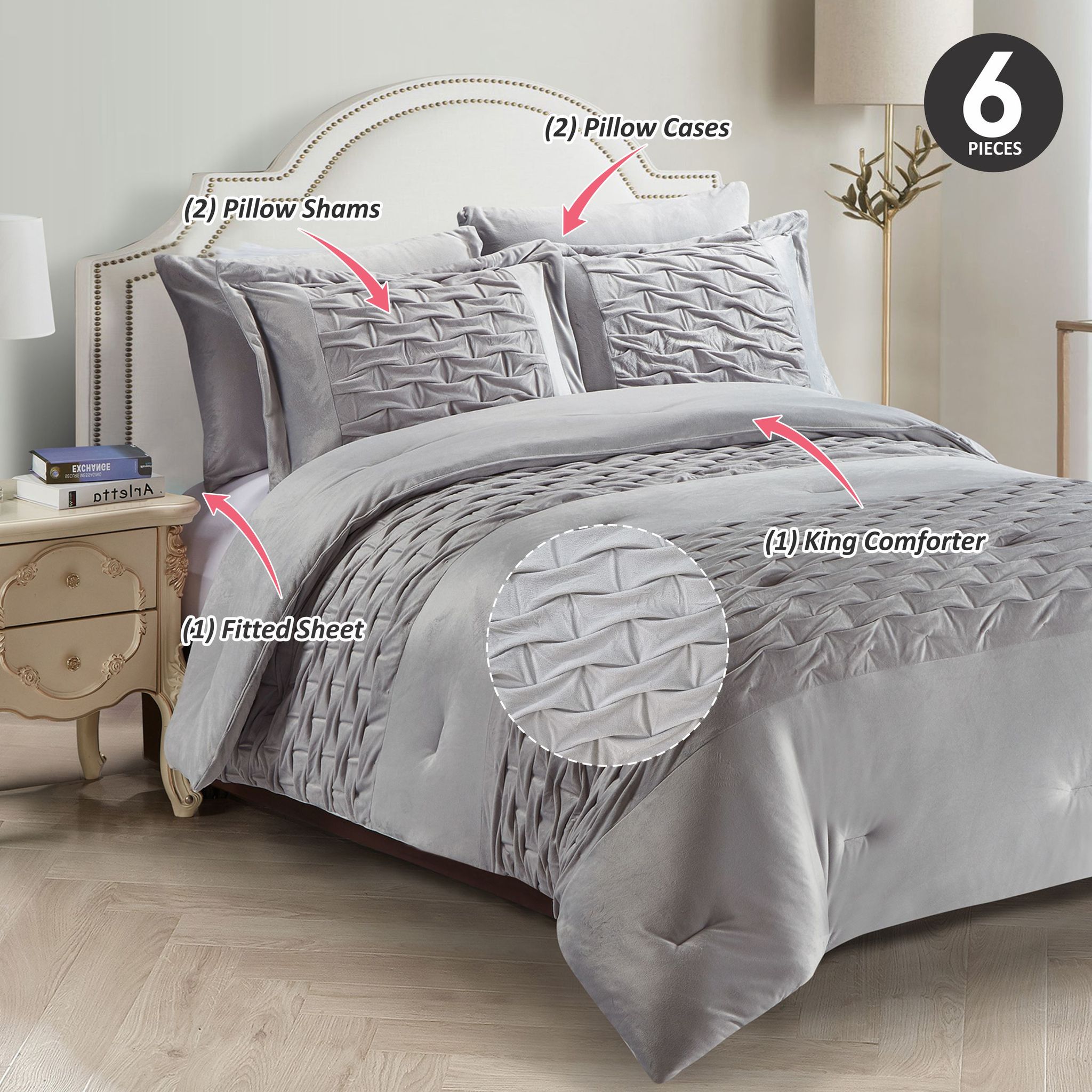 Chain Embroidered Comforter Set 6-Piece King Gray
