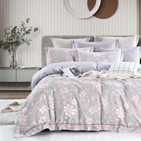 6-Piece King Size Cotton Comforter Set Reversible Pattern, Light Gray / Multicolour