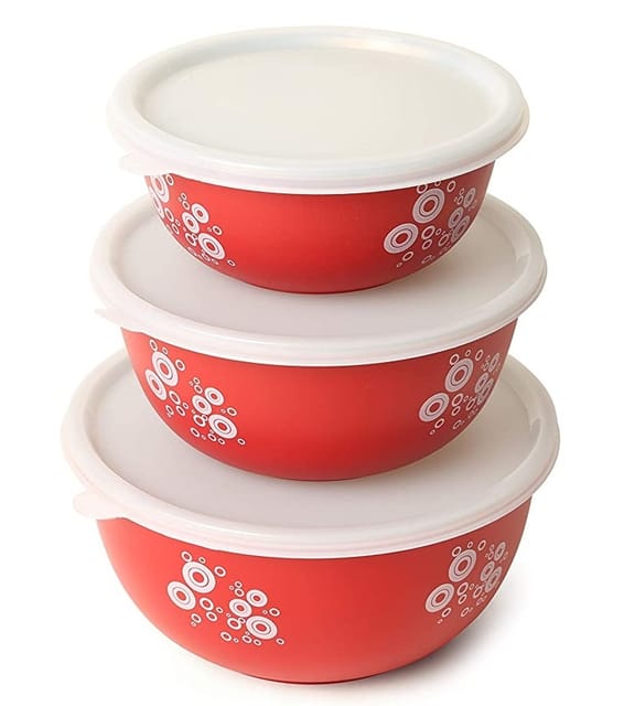 Microwave Safe Stainless Steel Printed Bowl Set | Airtight (RED PRINTED, Set of 3)