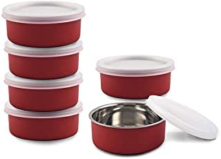 Lunch Box | Microwave Safe Stainless Steel Dabbi | Kitchen Food Storage Containers, Tiffin, Lunch Box, Set of 6 I Red Color