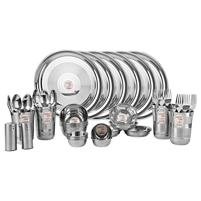 KITCHEN CLUE® Dinnerware Set | Heavy Guage Glory Stainless Steel Dinner Set of 44 Pieces - Silver Color I Dishwasher Safe I Highly Durable