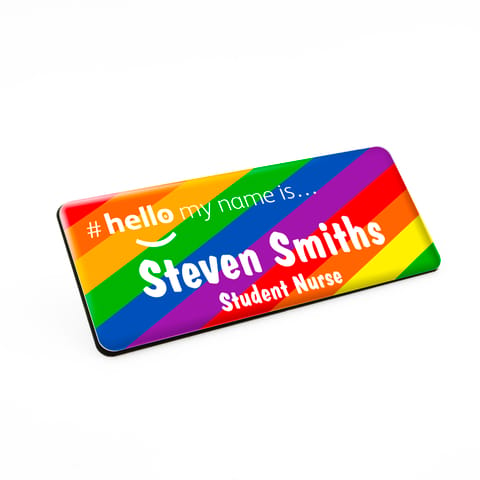 Diagonal Stripes Rainbow Hello My Name is Durable Personalised Name Badges Magnet White Black 76 x 32mm