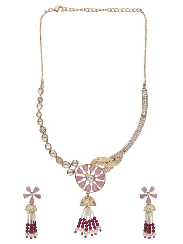 AD With Kundan Necklace Set in Rose Gold Finish - CNB1263