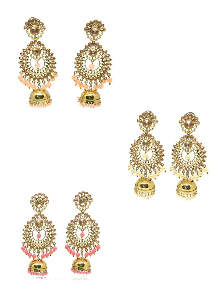 Reverse AD Chandbali Earrings in Peach, White, Gajari color - CNB3583