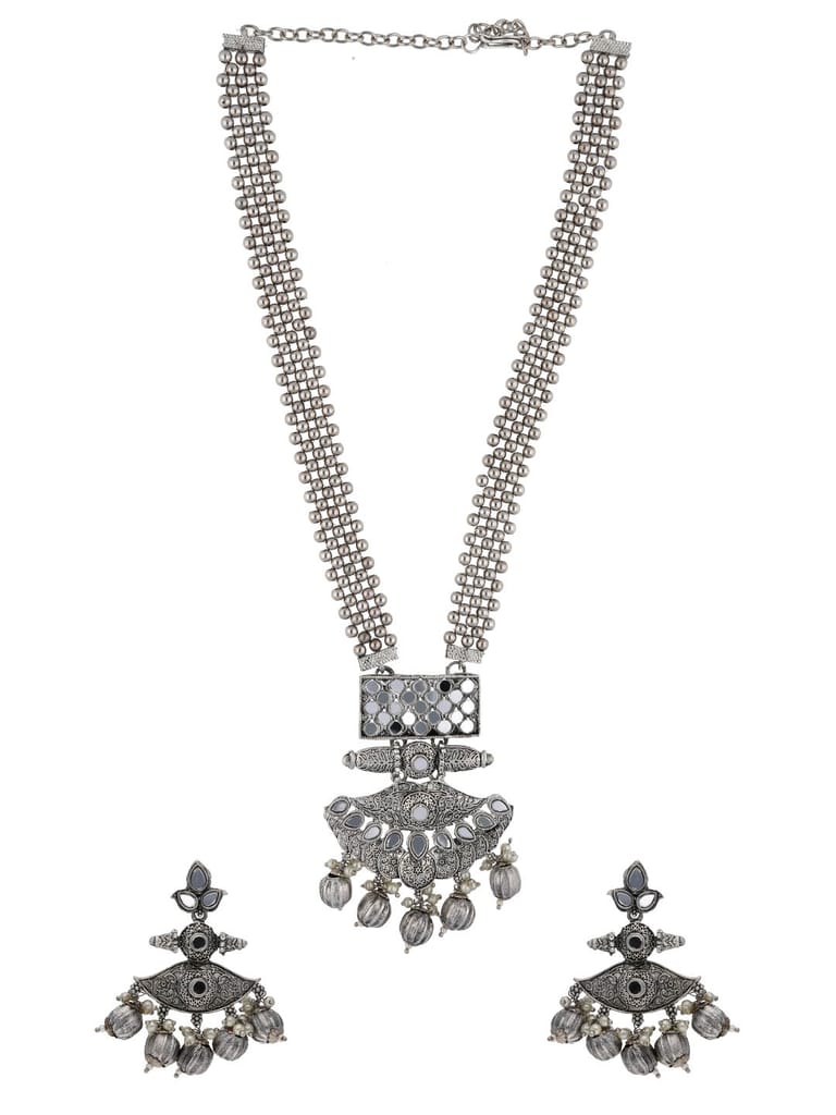 Mirror Long Necklace Set in Oxidised Silver finish - PRT8083