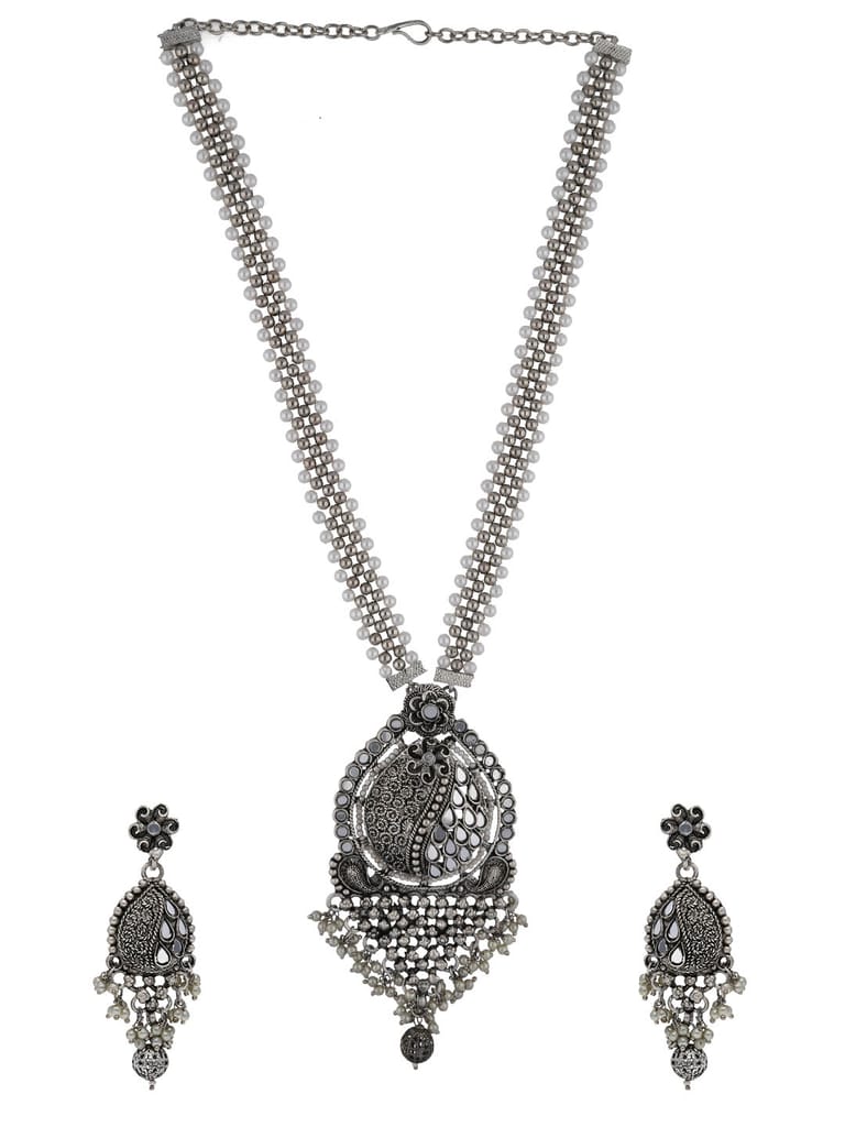 Mirror Long Necklace Set in Oxidised Silver finish - PRT8082