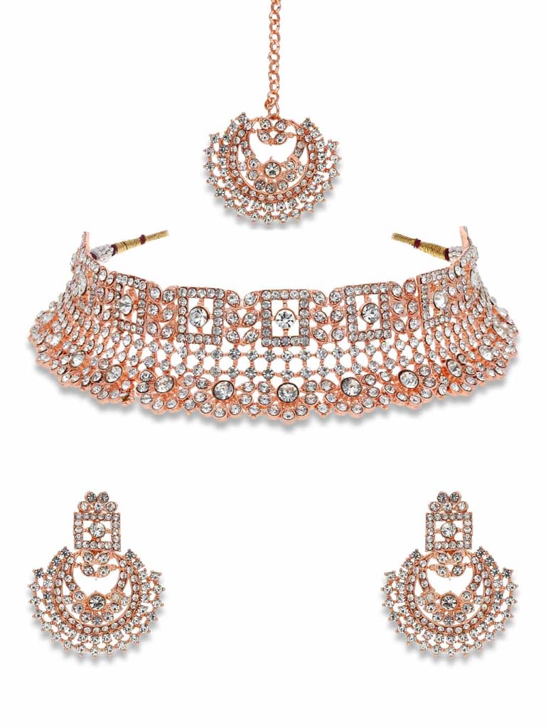Stone Choker Necklace Set in Rose Gold finish - NIT7163