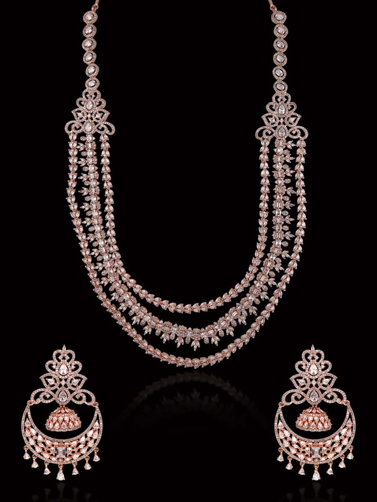 AD / CZ Long Necklace Set in Rose Gold finish - CNB30776