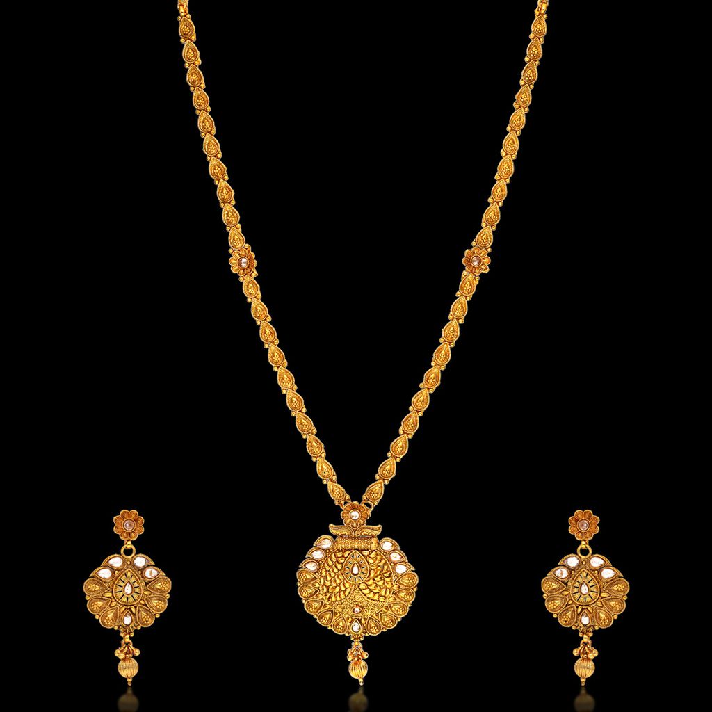 Antique Long Necklace Set in Gold finish - AMN264