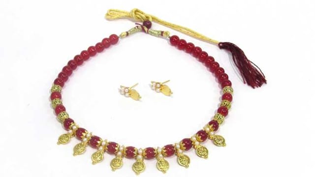Red Beads Laxmi Cion Necklace Set