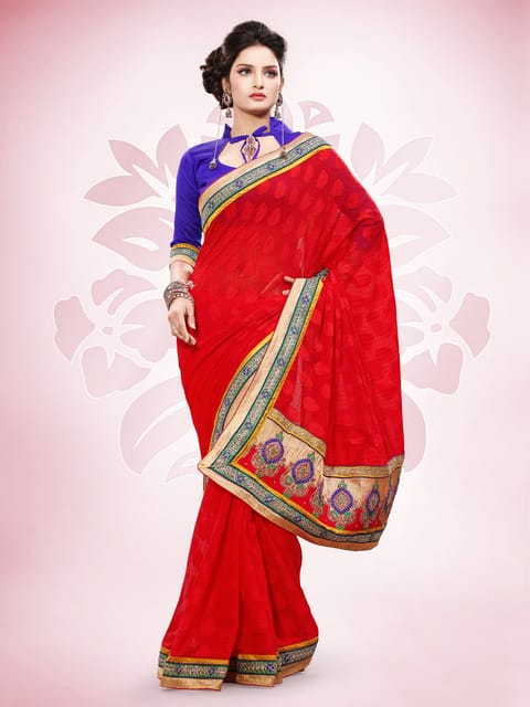 Touch Trends Red Colour Marble Jaquard Designer Saree