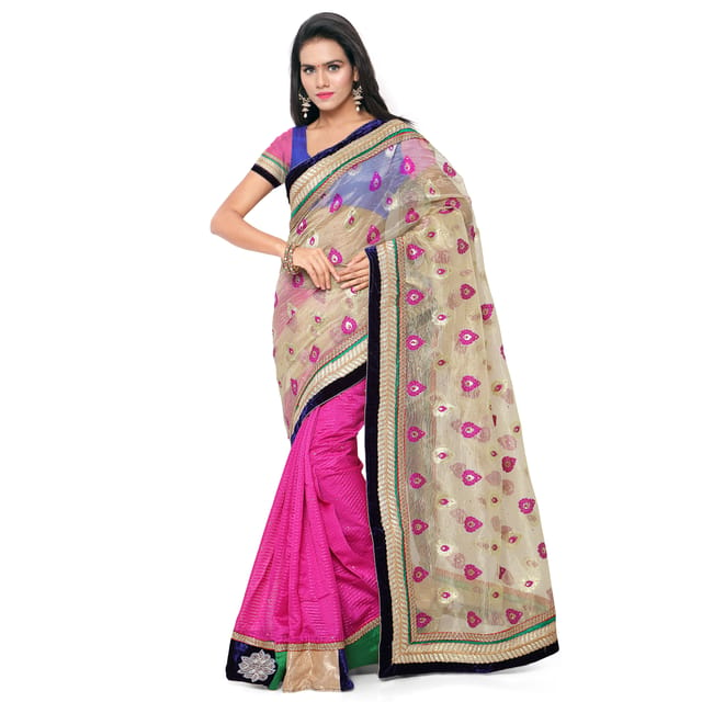 Touch Trends Beige Colour Banarasi Shimmer Jaquard Designer Saree