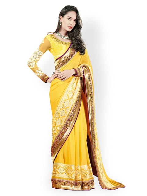 Touch Trends Yellow Colour Georgette Designer Saree