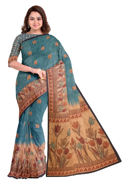 Touch Trends Teal Color Chanderi Silk Digital Printed Saree