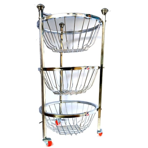 Vaishvi 3 Layer Fruit and Vegetables Storage Round Basket Assembled with Wheels for Kitchen - Stainless Steel