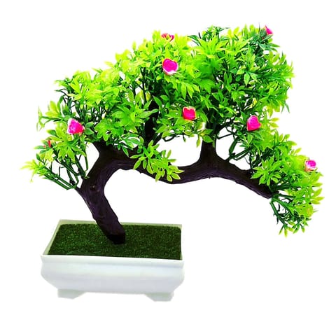 Artificial Plant with Pot by Foliyaj� | Bent Bonsai Tree with Dark Green Leaves and Pink Flowers | Melamine White Pot with Real Looking Green Grass