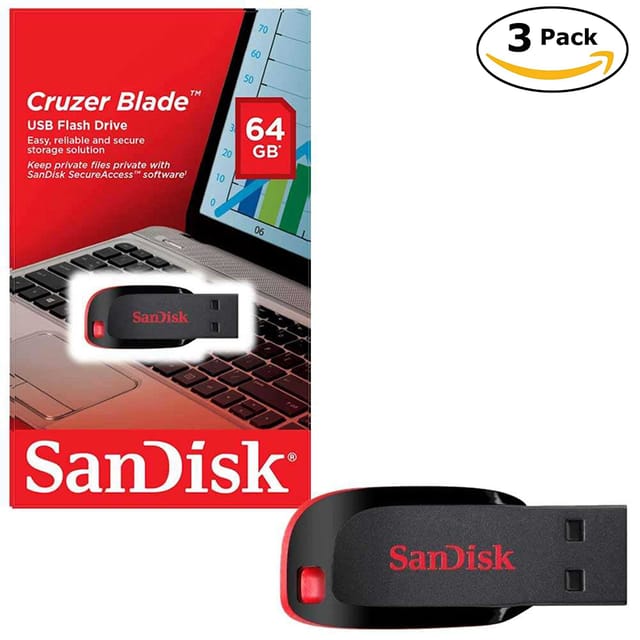 SanDisk Cruzer Blade 64GB USB 2.0 Flash Drive Pack of 3