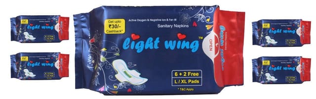 Light Wing Anion Sanitary Pads for Women, XL 280 MM Extra Large Napkins For Heavy Flow Organic Cottony Soft Pad combo of 5 pack of 40 Napkins