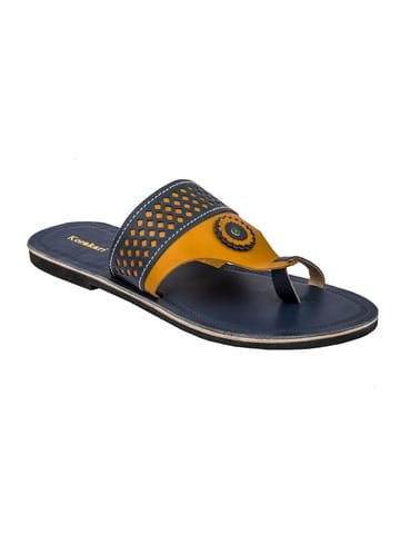 KORAKARI Fabulous Yellow and Dark Blue Designer's Handmade Kolhapuri Leather Sandal for Men