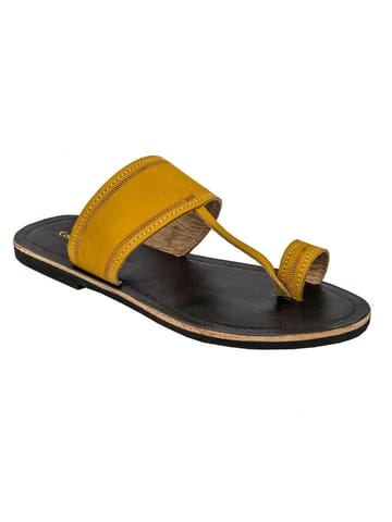 KORAKARI Beautiful Yellow and Dark Brown Handmade Kolhapuri Leather Sandal for Men
