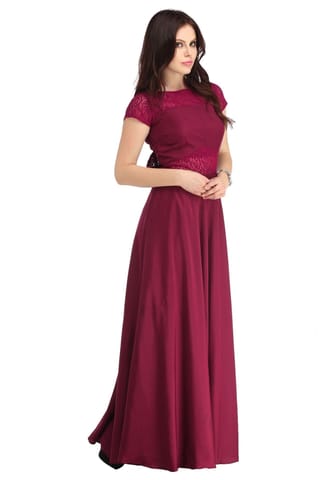 Raas Women's Wine Crepe Sheer Lace Yoke Maxi Gown Dress
