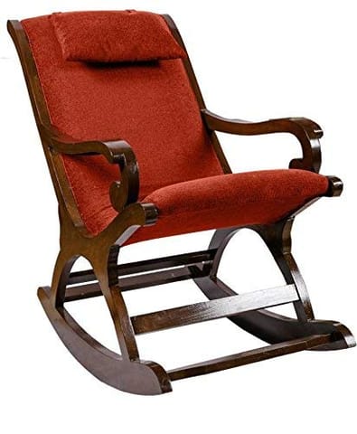 Shilpi Hand Carved Rocking Chair Cushioned Back & Seat, Teak Wood Rocking Chair (Standard, Red)