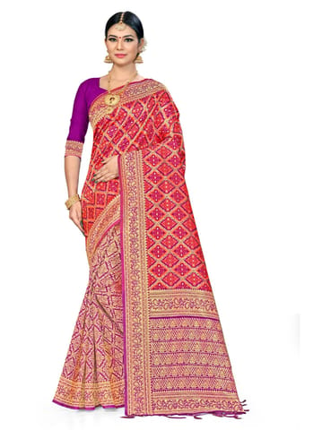 Generic Women's Banarasi silk Saree with Blouse (Orange,purple, 5-6mtr)