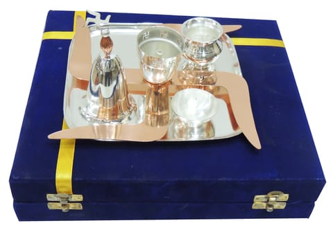 Brass Puja Thali Set With Valvet Box - 7.5*7.5*1 inch (B270)