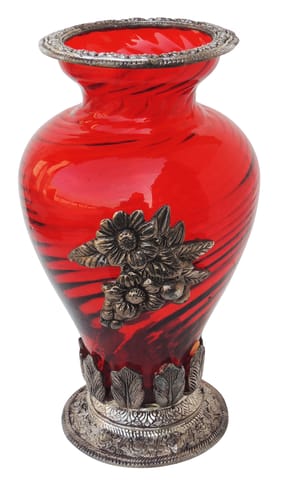 Aluminium Showpiece Flower Pot Glass Red Statue - 6*6*10.5 Inch (AS147 D)