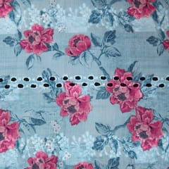 Mulmul Floral Pink Print Embroidery - Ocean Blue - KCC138920