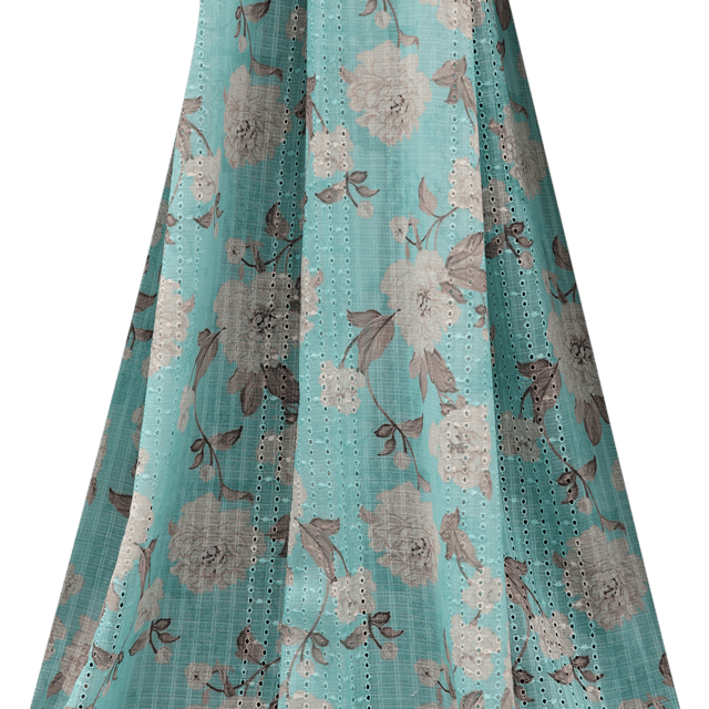 Cotton Floral Print Embroidery - Aqua Blue - KCC138267