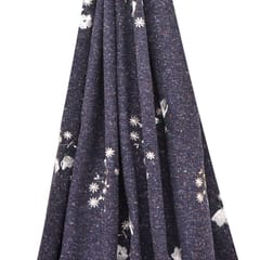 White Floral thread Embroidery Woolen Fabric. – Navy Blue