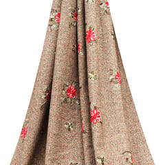 Red Floral thread Embroidery Woolen Fabric. – Beige - KCC189850